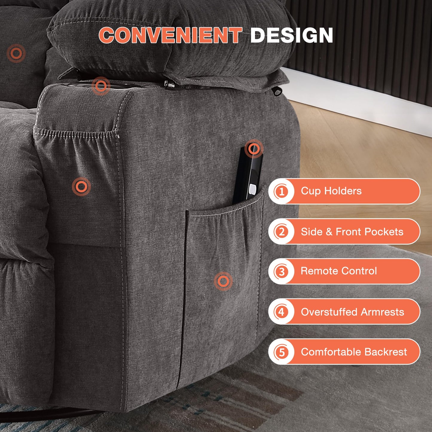 Power Swivel Recliner Chair with Rocking Function for Living Room, Oversized Rocker Recliner Single Sofa with Ergonomic, Side Pocket, Two Cup Holders and USB Charge Port for Adults