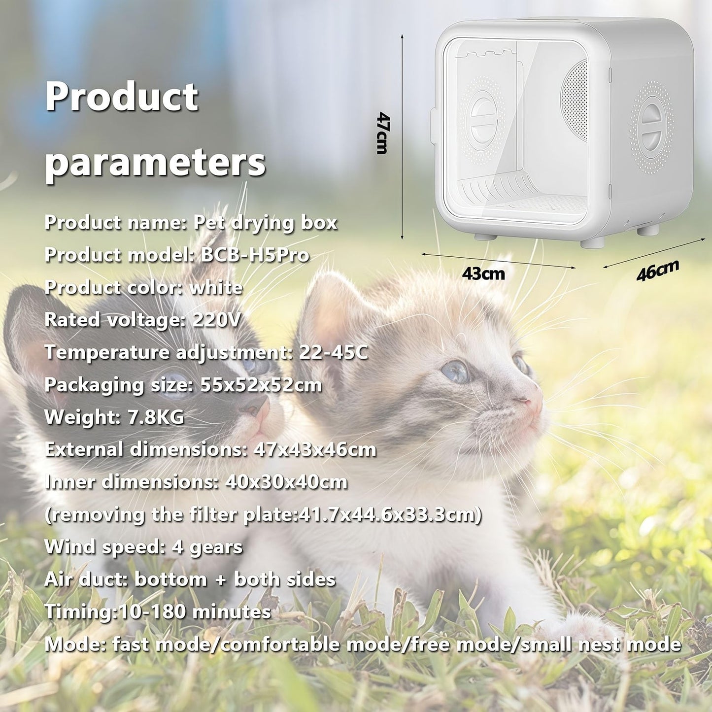 WENMEE Ultra Quiet Pet Dryer Box for Cats,35dB Low Noise Electric Grooming Blower，Energy Saving 0.3kWh/Hour