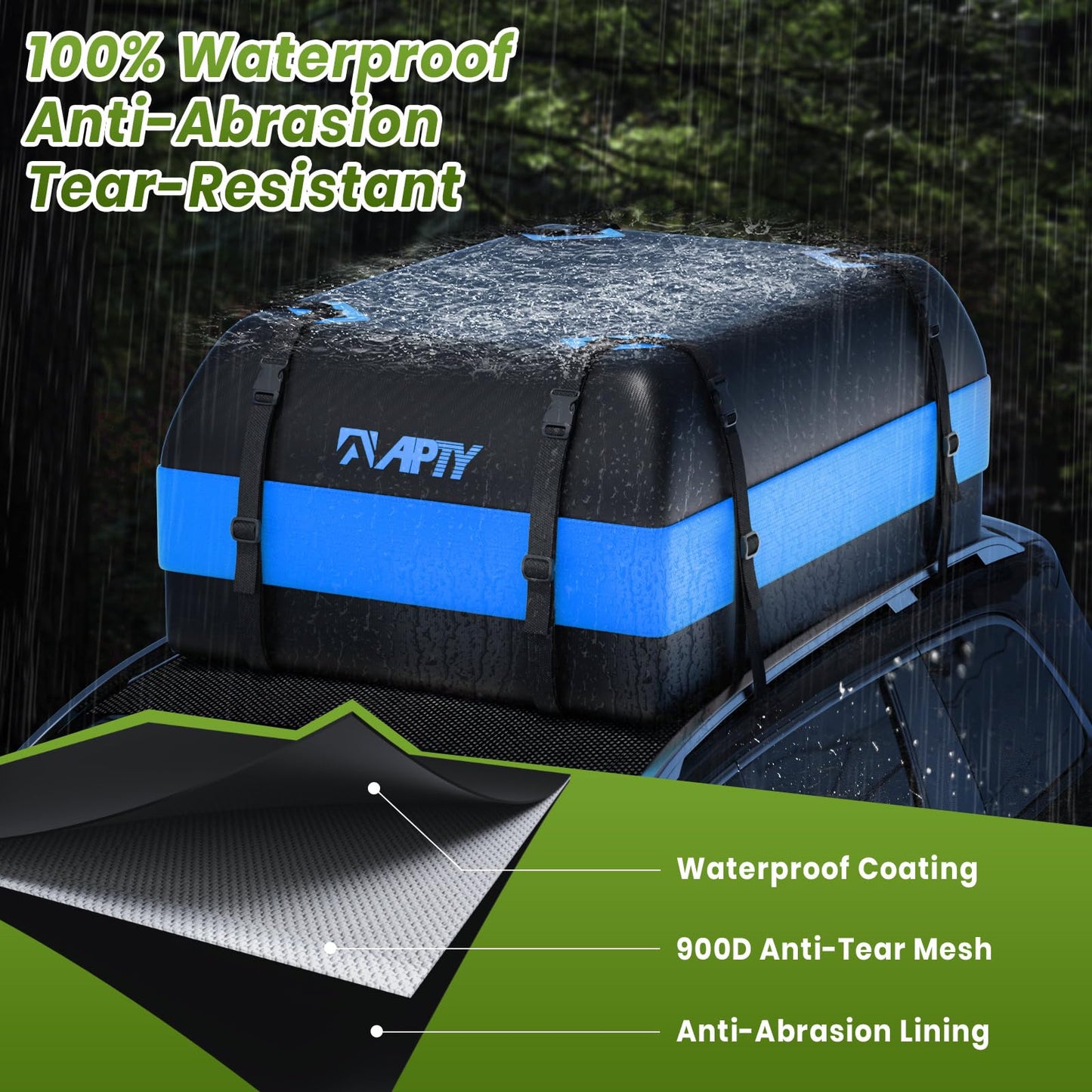 APTY Car Rooftop Cargo Carrier Bag, 16 Cubic Feet Soft Roof Top Luggage Bag for All Vechicles with/Without Racks - with Waterproof Zip, Anti-Slip Mat, Door Hooks, Luggage Lock, Storage Bag