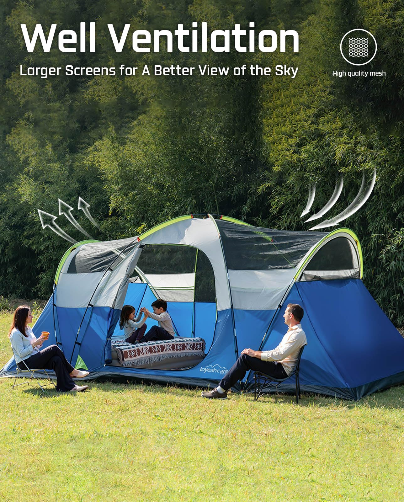 LOYEAHCAMP 8 Person Larger Extended Dome Camping Tent with 3 Rooms, Waterproof Semi-Freestanding Family Outdoor Tent with Spacious Interior and Mesh Windows