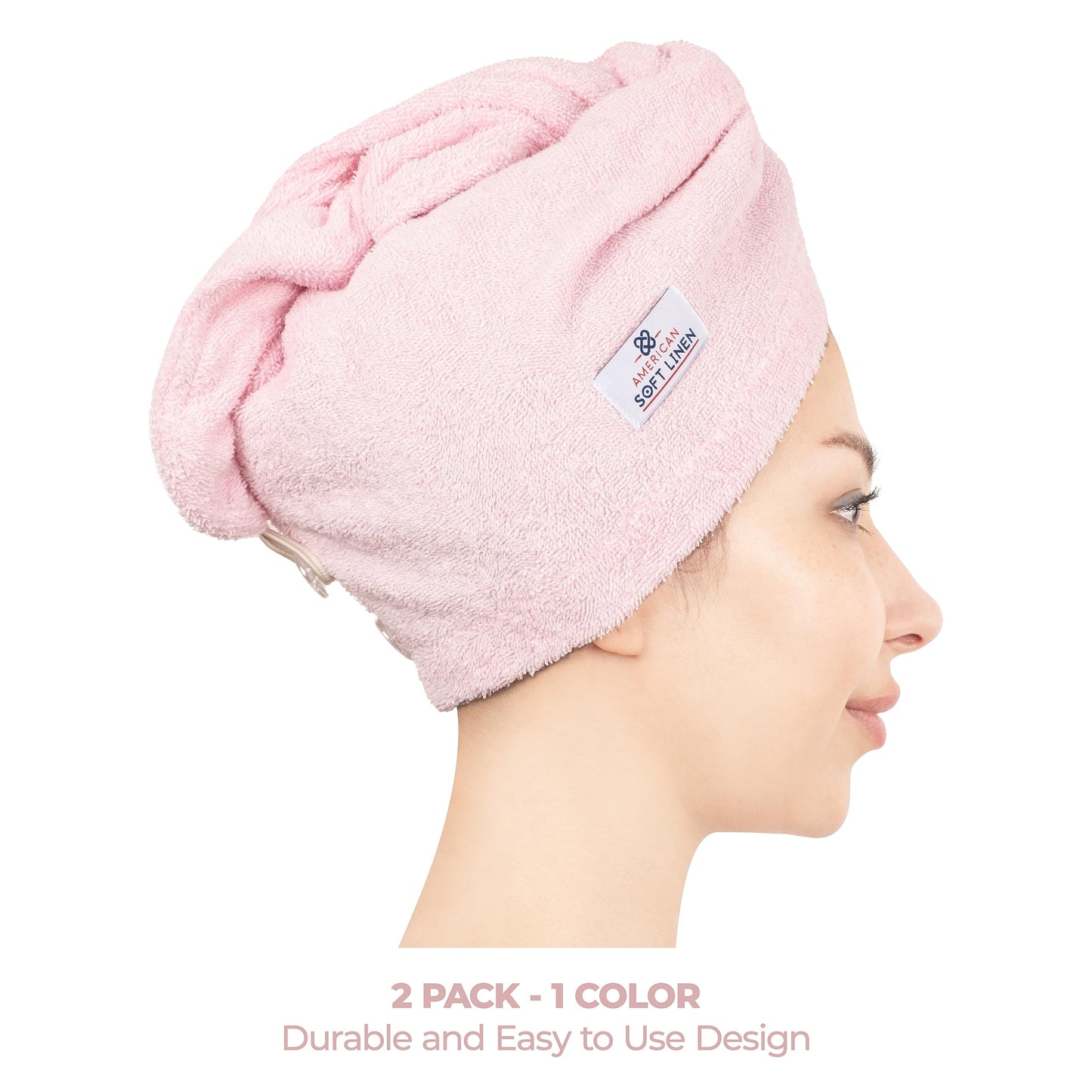 American Soft Linen 100% Cotton Hair Towels for Women, Head Towel Cap, Cotton Hair Turban Towel Wrap for Long Curly Anti Frizz Hair, Soft and Absorbent Cotton Hair Towels 2 Pack, Pink