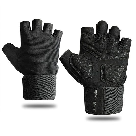 RYMNT Workout Gloves with Weight Lifting Wrist Wrap,Vented Cushioned Palm & Extra Grip for Men Women Gym,Weightlifting,Crossfit Training,Fitness,Exercise,WODs,Pullups.MN Black-Medium