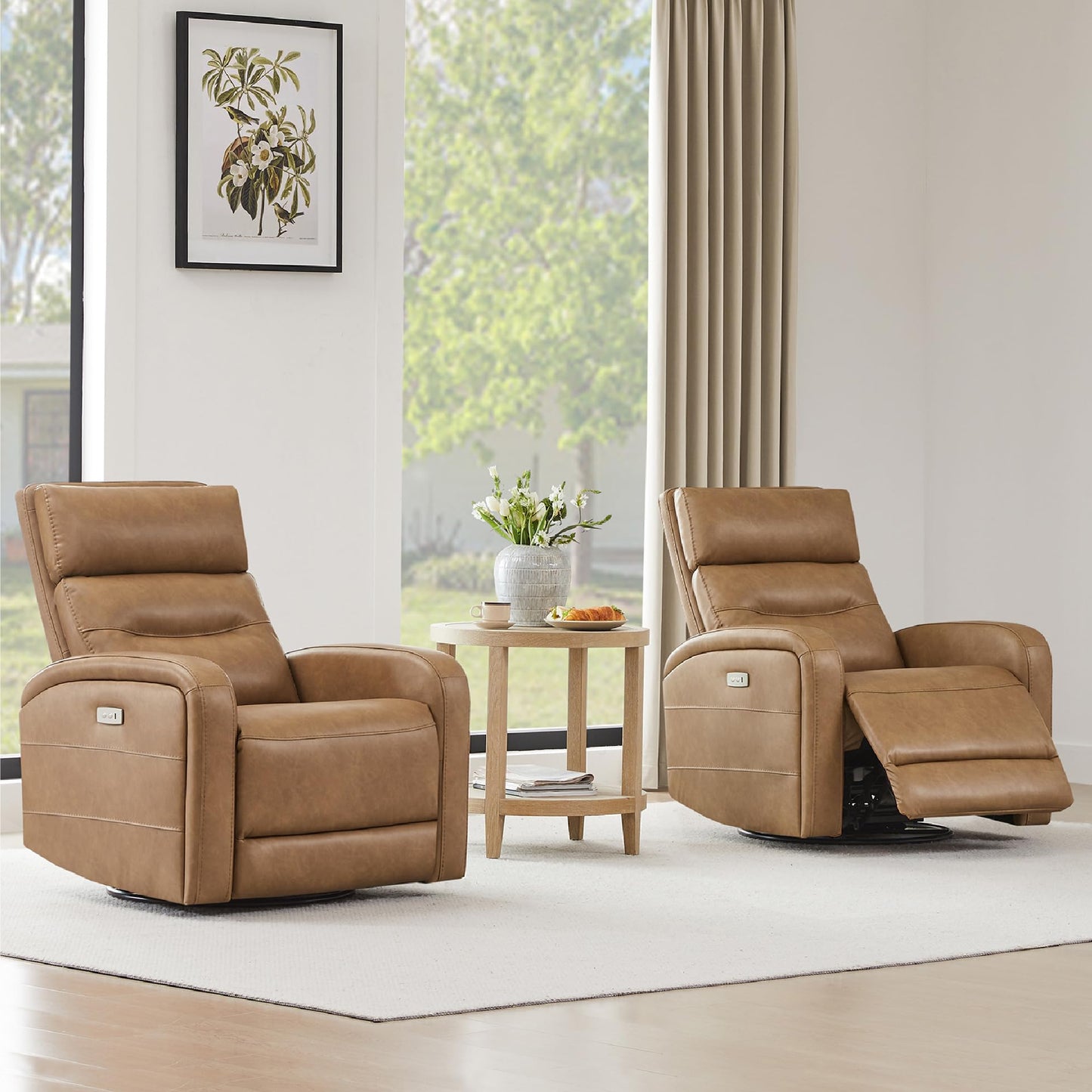 Watson & Whitely Swivel Power Recliner Glider Rocker, Small Recliner Chairs for Living Room, Faux Leather in Camel