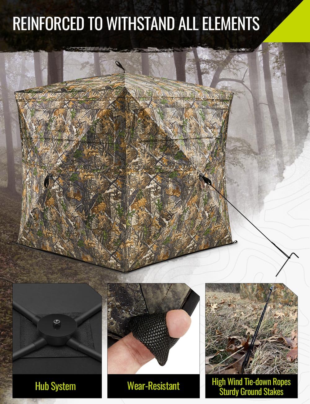 TIDEWE Hunting Blind See Through with Carrying Bag, 3-4 Person Pop Up Ground Blinds 270 Degree, Portable Resilient Hunting Tent for Deer & Turkey Hunting (Camouflage)