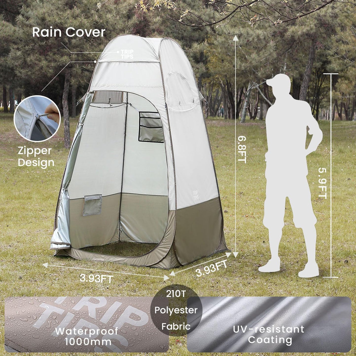 TRIPTIPS Pop Up Shower Tent with Floor Changing Tent with Mesh Window Camping Shower Tent 6.9 FT Privacy Tent for Portable Toilet Outdoor Portable Dressing Room, Removable Rain Cover/UPF 50+