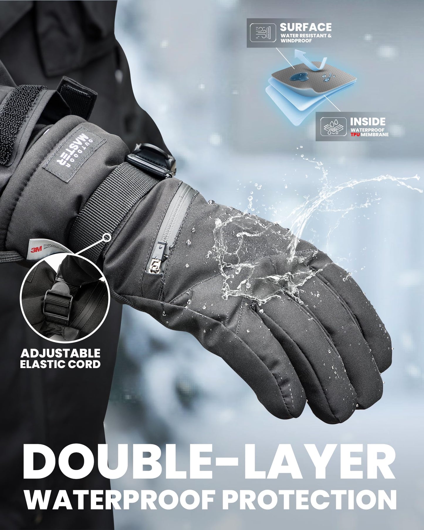 OutdoorMaster Ski Snow Gloves for Women & Men, 3M Thinsulate Waterproof Snowboard Gloves, Winter Warm Windproof Snowmobile Gloves with Double-Pocket