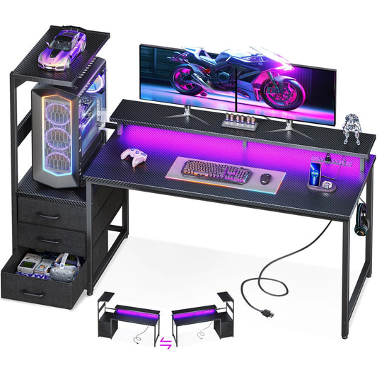AODK 59 Inch Gaming Desk with USB Charging Ports & LED Light- Reversible Computer Desk with Storage Shelves & Monitor Stand, Modern Gamer Desk Table with Fabric Drawers & Side Hook, Carbon Fiber Black