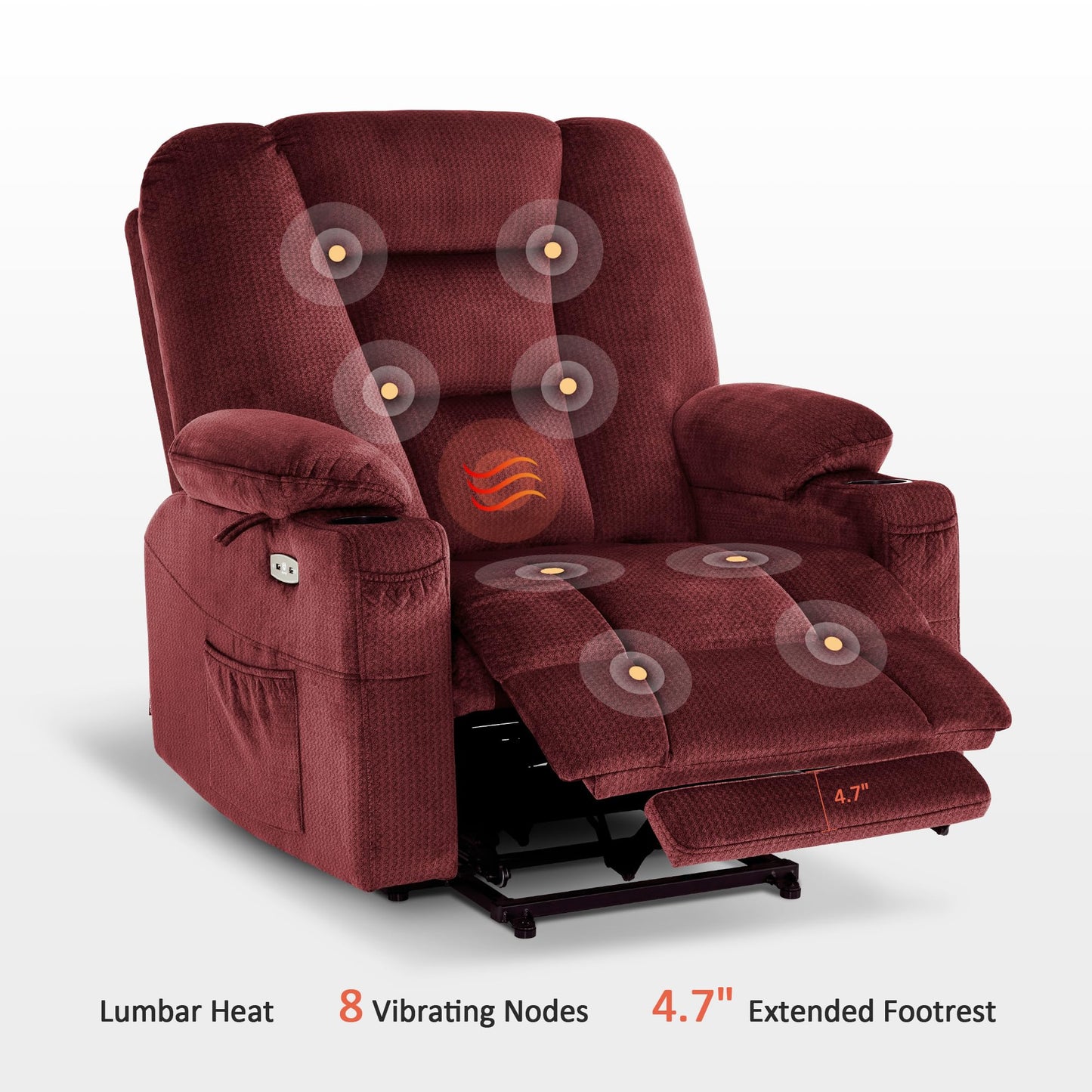 MCombo Oversized Power Lift Recliner Chair Sofa with Massage and Heat for Elderly People Petite, USB Ports, Side Pockets, Fabric R7561 (Burgundy, Small-Oversize)