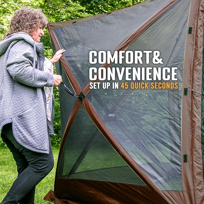 CLAM Pop Up Screen Tent, Outdoor Camping Gazebo Canopy, Adventure with Wind Panels, 9' x 9', Brown