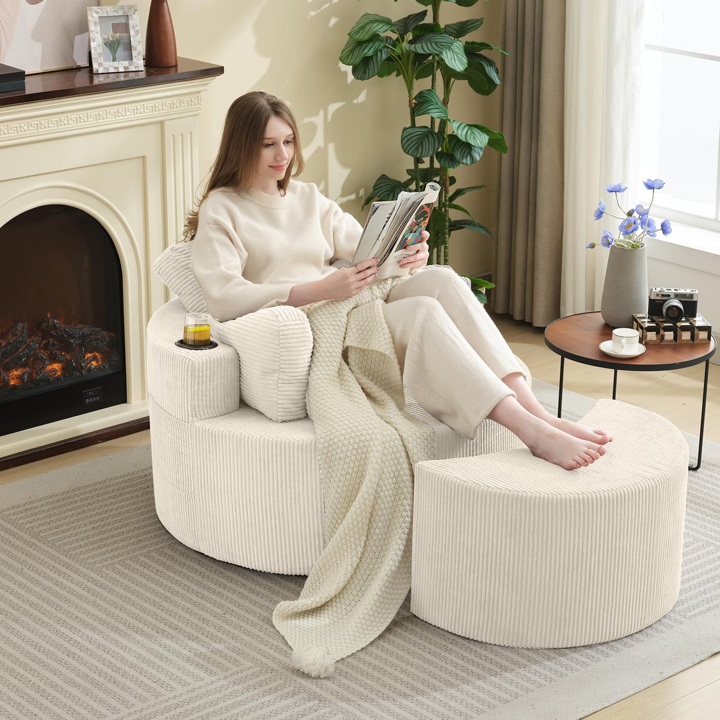 Estevo Accent Chair 37" W Recliner Comfy Upholstered Round Barrel Chair,with Ottoman,for Living Room Bedroom Office Apartmen