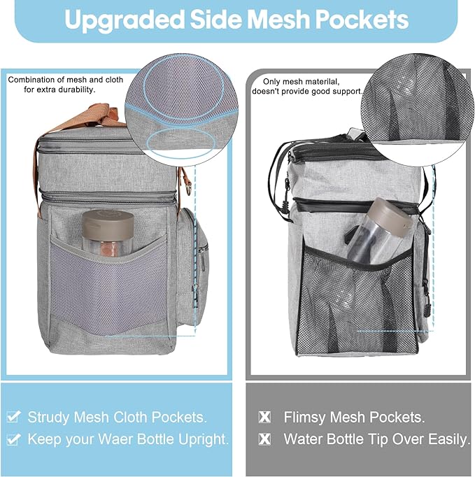 GLENKEY Double Deck Insulated Lunch Box, Expandable Large Lunch Bag Leakproof Cooler Bag Lunch Pail for Men Women Adults Work Shifts Travel Daytrip, Grey