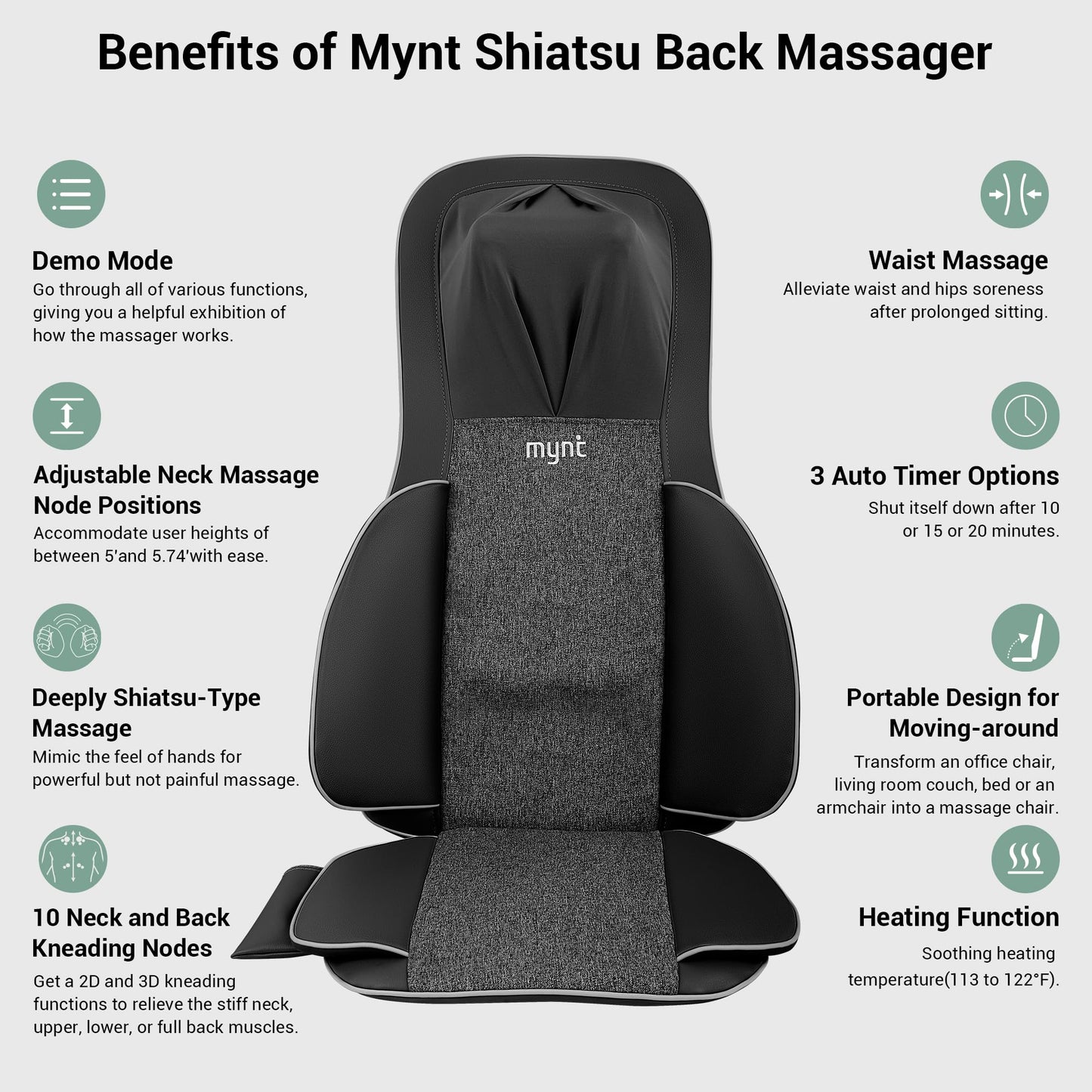Mynt FSA HSA Eligible 3D Shiatsu Neck and Back Massager for Chair with 10 Deep Kneading Nodes, Back Massage with Heat, Portable Spot Massage Chair Pad (Black)