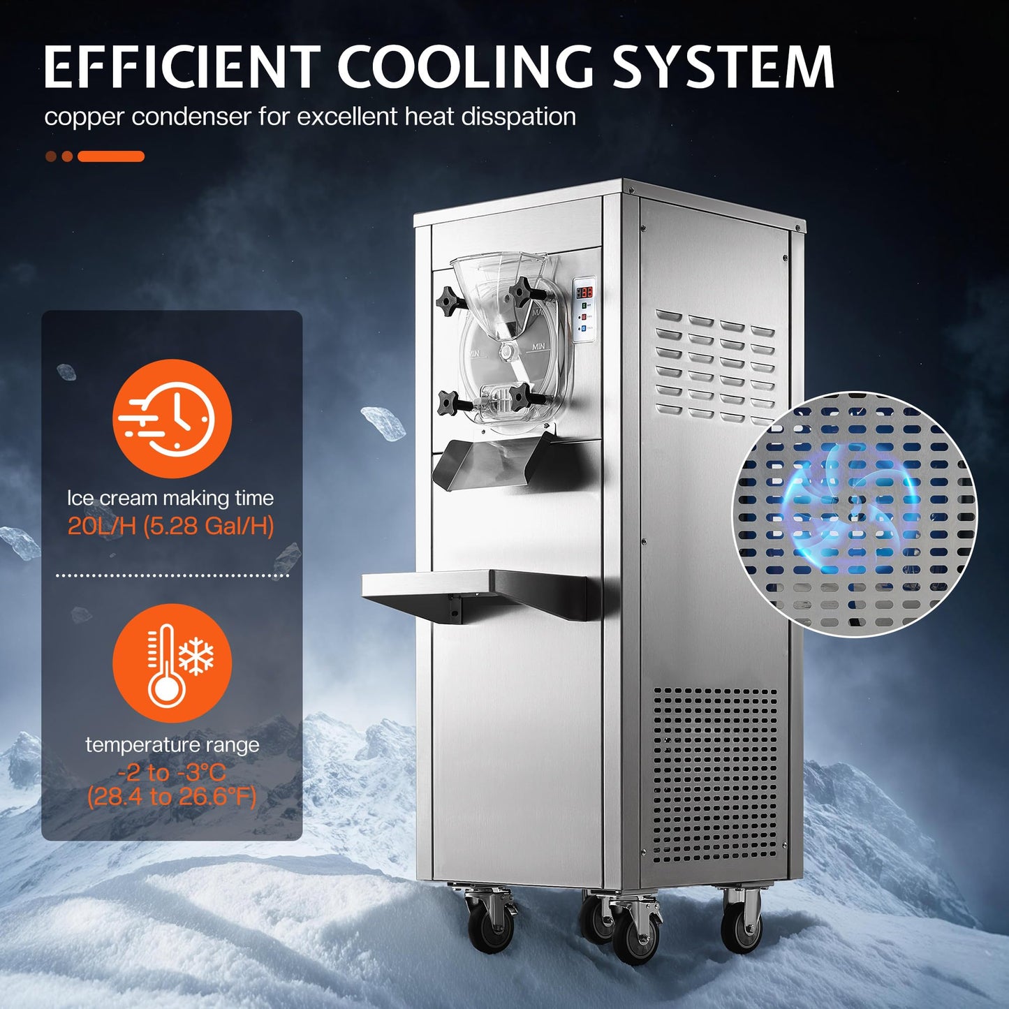 Jocisland 20L/H Commercial Hard Ice Cream Machine, 1600W Ice Cream Maker with 10L 304 Stainless Steel Cylinder, LED Panel, Auto Clean & Pre-Cooling for Restaurants & Snack Bars