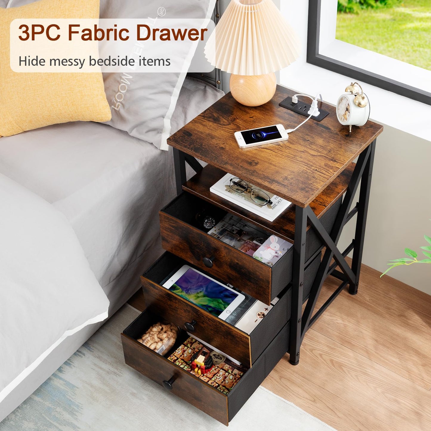 AMHANCIBLE Night Stand Set 2, LED Nightstand with Charging Station, End Side Tables with USB Port & Outlet, Bedside Tables with Fabric Drawers for Bedroom Living Room, Rustic Brown HET053LBR
