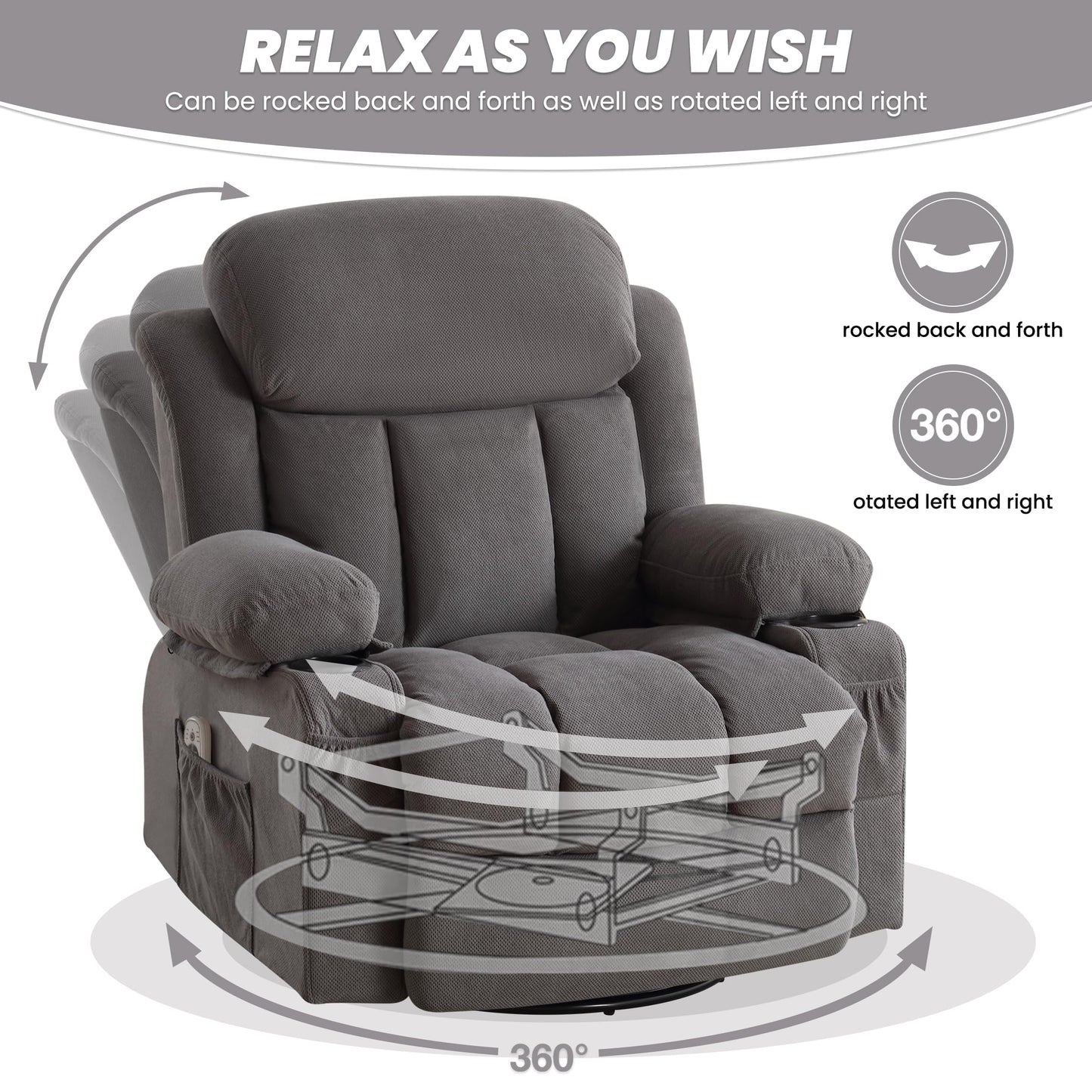 BOSMILLER Rocker Recliner Chair with Heat and Massage, Swivel Recliner Chairs for Living Room, with Cup Holders, Side Pockets and USB,Grey