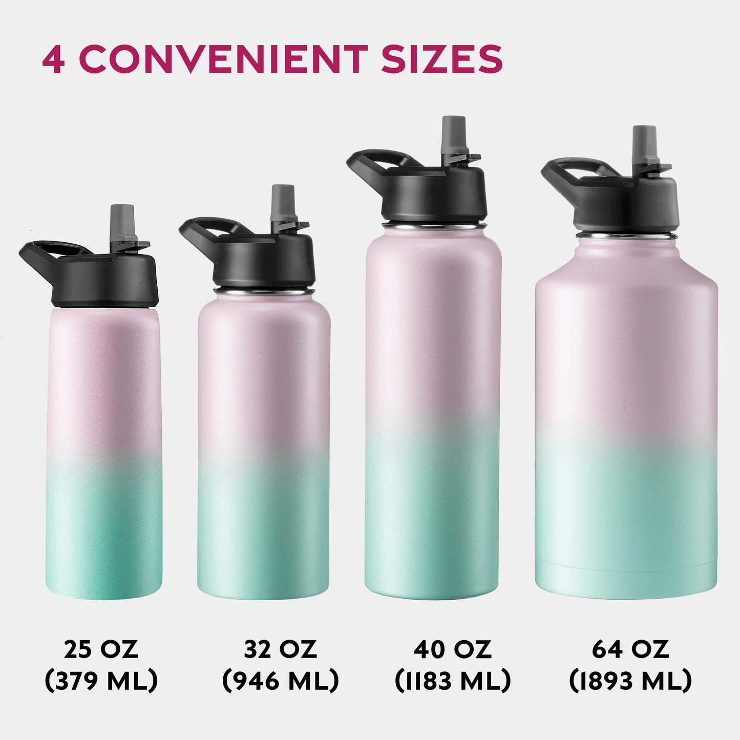 FineDine Triple Walled, Insulated Water Bottles with Straw - 40 Oz Stainless Steel Metal Bottle W/ 3 Leak Proof Lids - For Travel, School, Sports, Gym / Men, Women & Kids - Dreamy Pink-Green