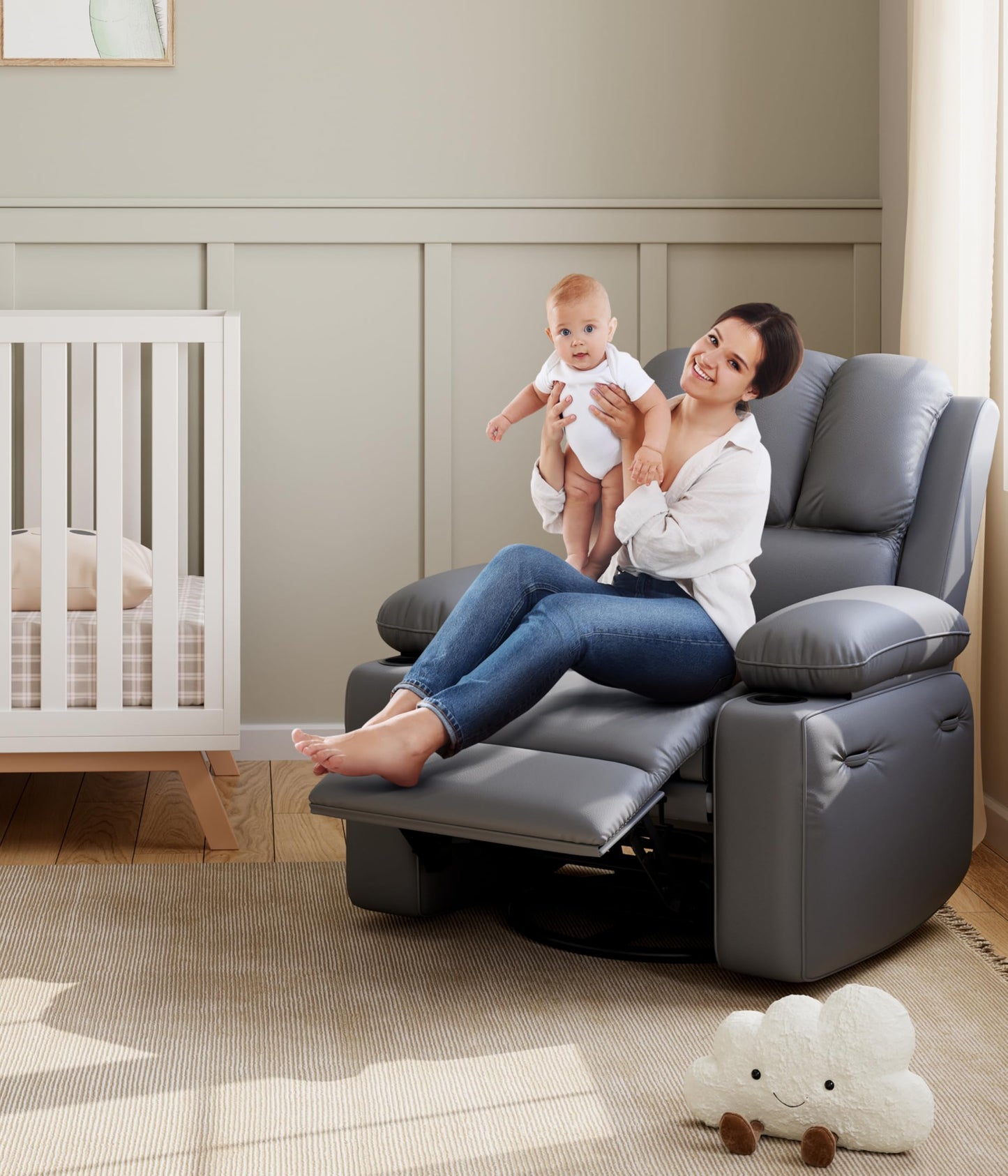 Garvee 22'' Recliner Chair for Adults, Manual Recliner with 1.5X Sponge Filling, PU Leather Single Sofa with Cup Holders and Side Pockets, for Nursery, Living Room, Bedroom, Light Grey
