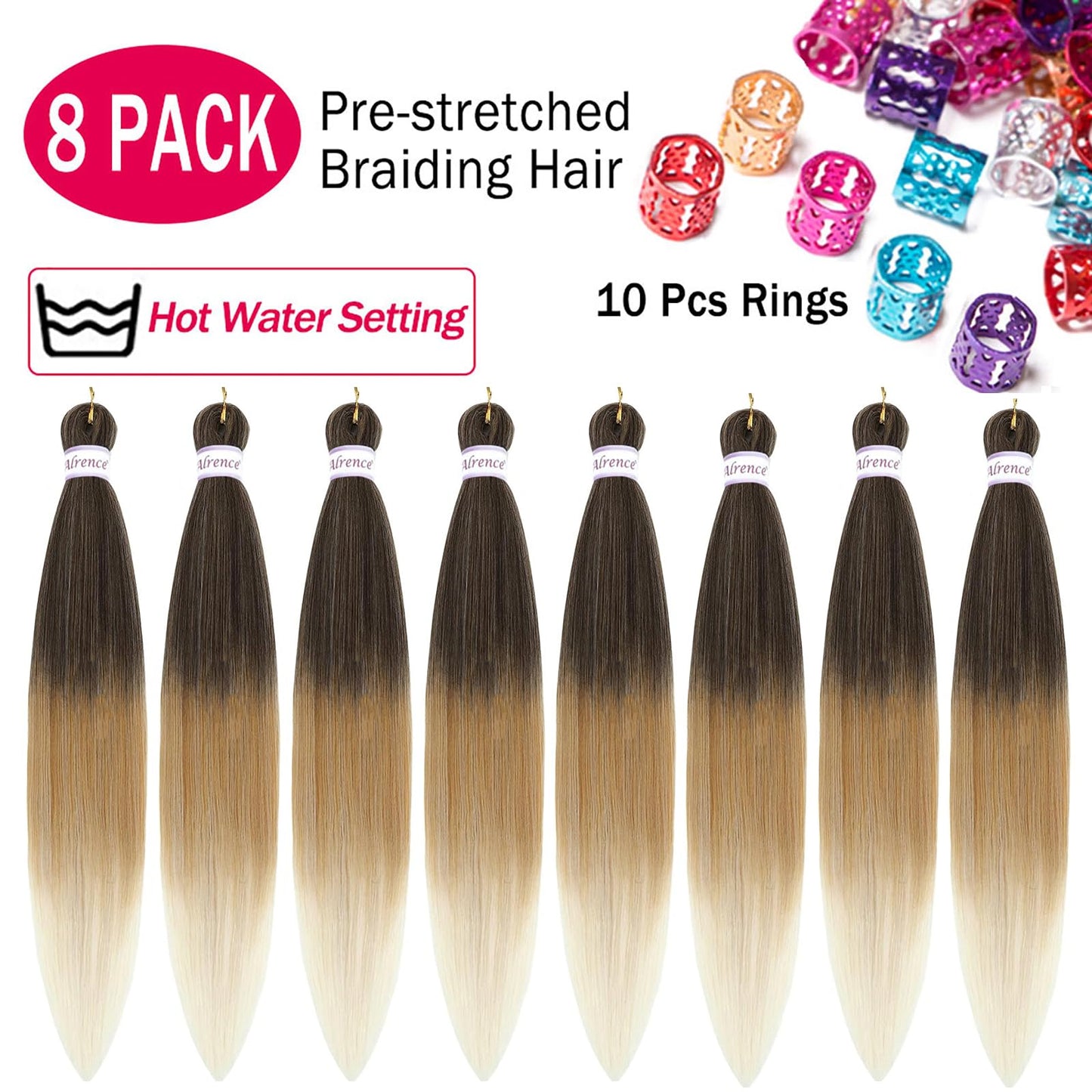Alrence Pre Stretched Braiding Hair Long Braid 18 Inch 8 Packs Professional Braiding Hair Extensions Synthetic Crochet Twist Braids (18 Inch, 4/27/613)