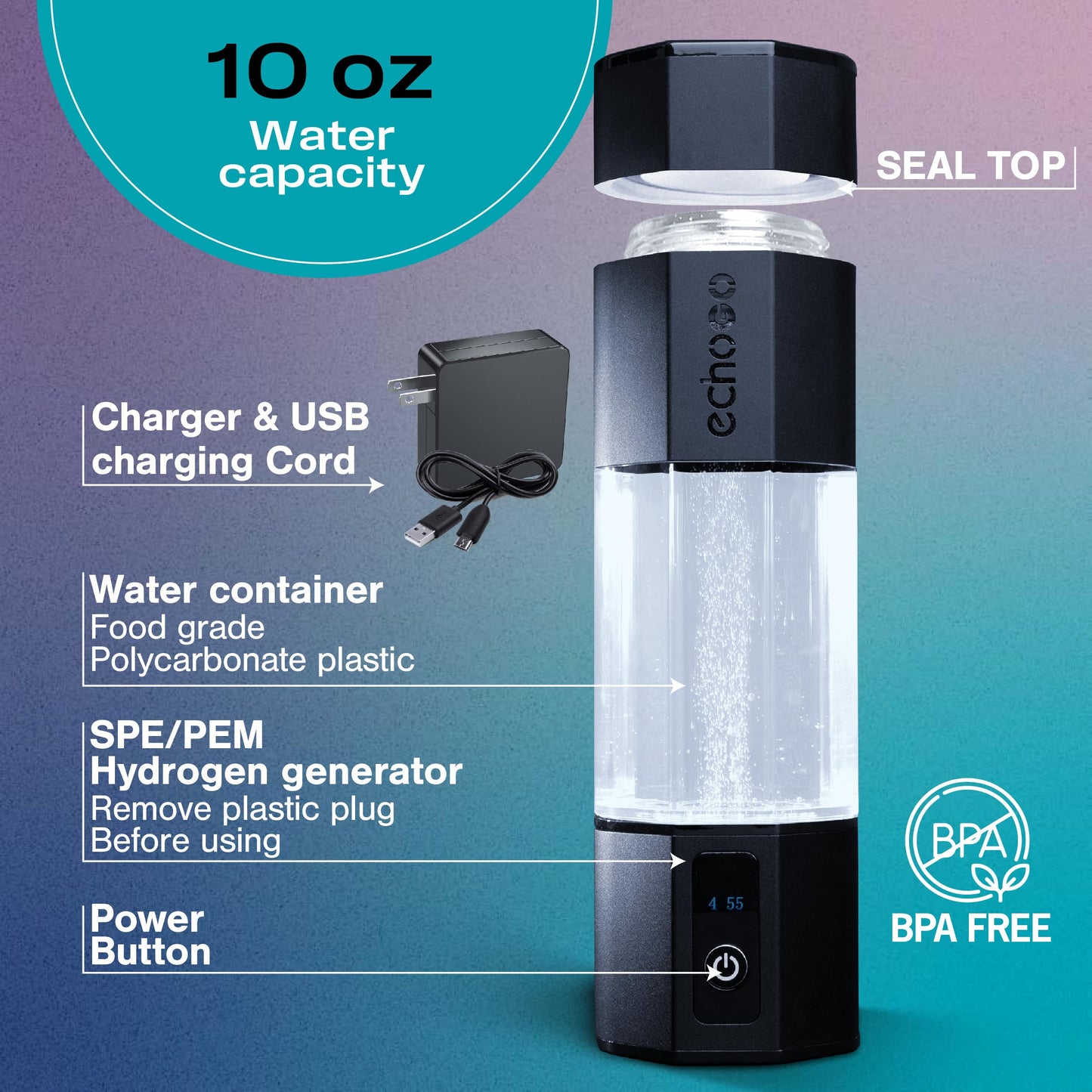 Echo Go+ Hydrogen Water Bottle - Hydrogen Infusion Technology - Rechargeable Water Bottle - SPE & PEM Purification - Active Hydration Support for Skin Health & Immune Function - 10 oz