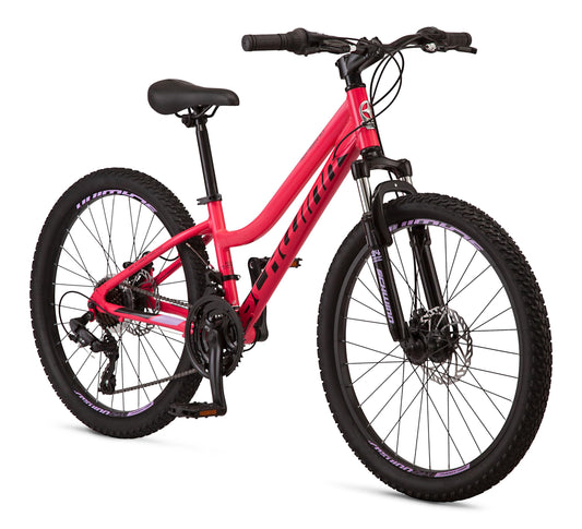 Schwinn High Timber ALX Mountain Bike for Youth Boys Girls, 24-Inch Wheels, 21-Speeds, Front Suspension, Aluminum Frame, Mechanical Disc Brakes, Coral