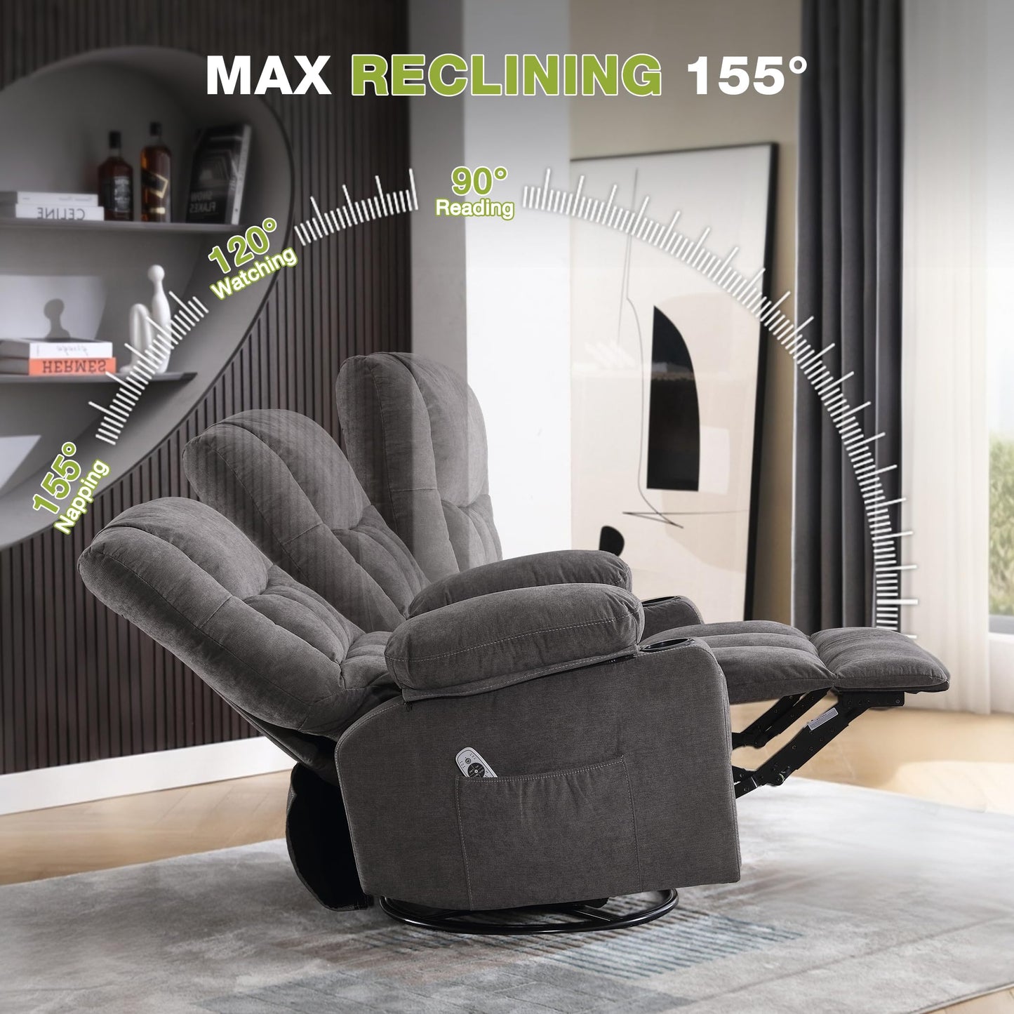 Massage Swivel Recliner Chair, Oversized Rocker Recliner with Vibration Massage and Lumbar Heat Ergonomic Rocker Chair for Living Room with Side Pocket, 2 Cup Holders, USB Charge Port