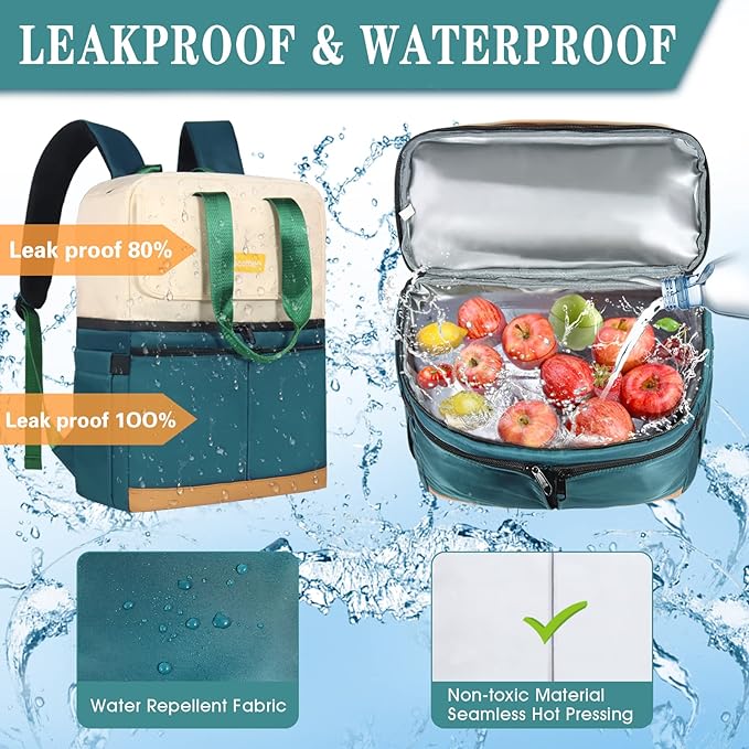 Backpack Cooler with Double Decker & 12 Ice Packs- Keeps 36 Cans Cold for Up to 24 Hours- Waterproof & Leak Proof Insulated Cooler Backpack- Stylish Cooler Bookbag for Women Travel Work Beach