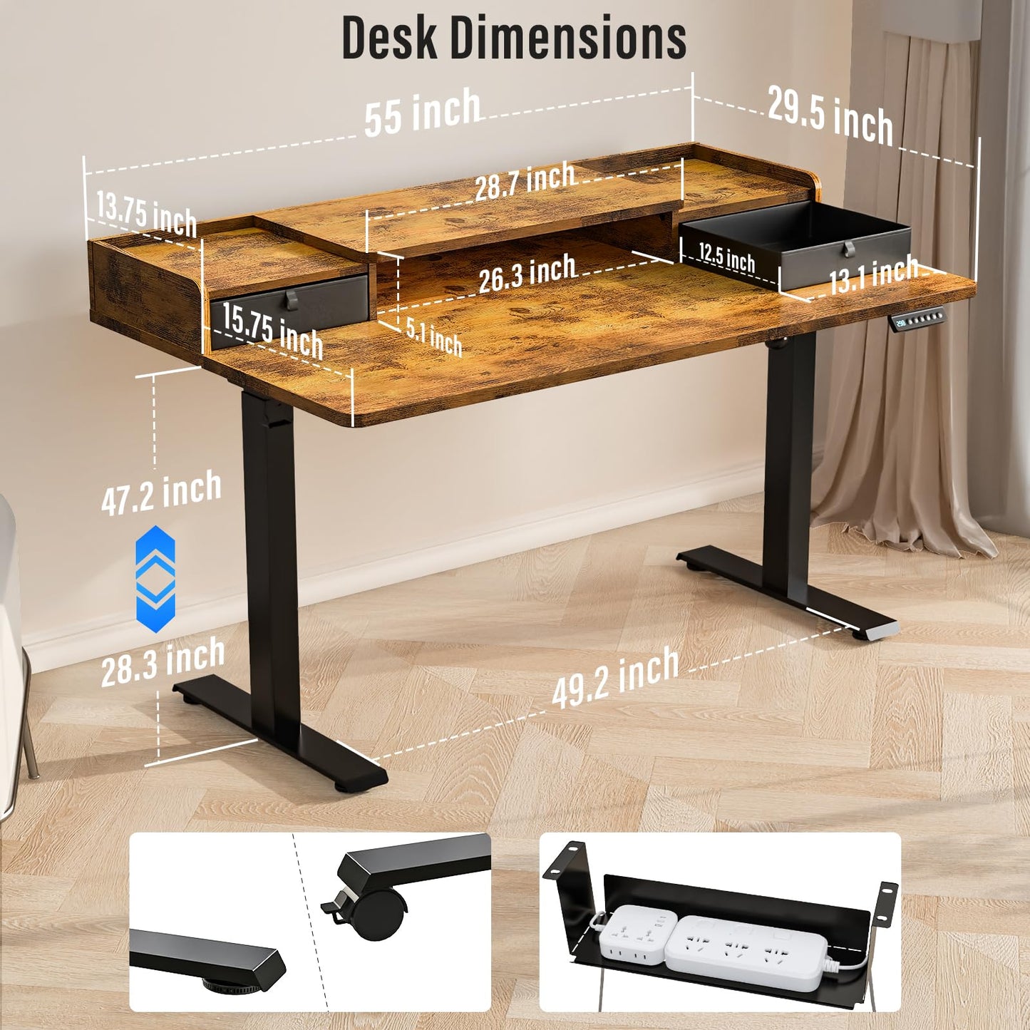 Standing Desk with Drawers and Wheels,Thickened Table Legs Sit Stand Desk Electric for Home Office & Gaming,Ergonomic Stand Up Desk (Rustic Brown, 55x30 in)