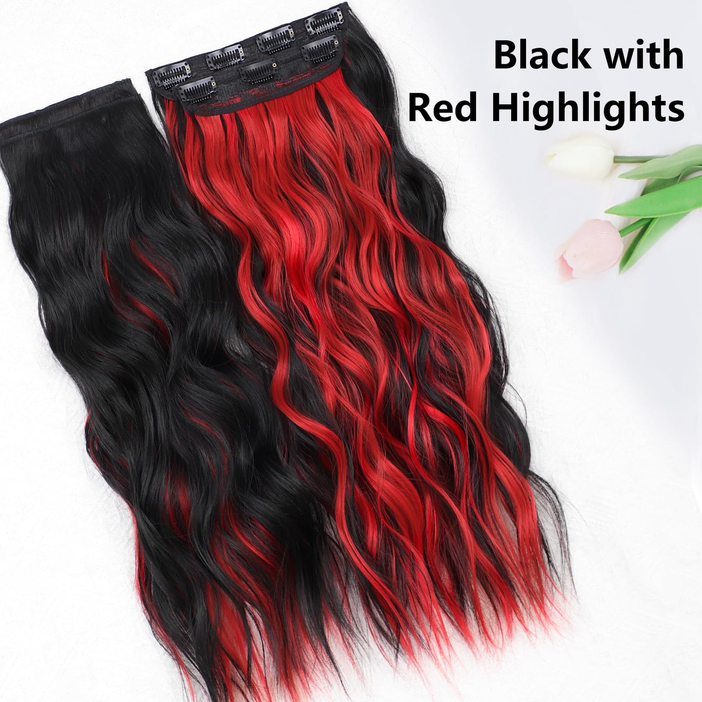 ALXNAN Clip in Long Wavy Hair Extension 20 Inch Black Red Highlights Hair Extensions 4PCS Thick Hairpieces Fiber Double Weft Hair for Women