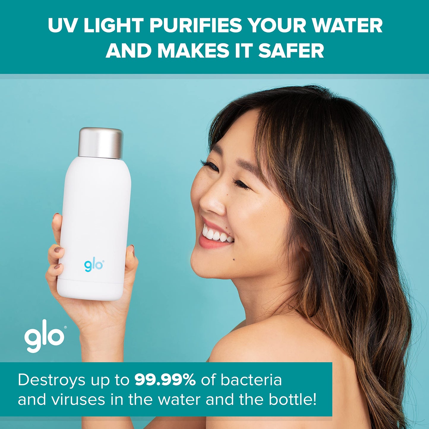 Glo - UV Water Smart Bottle | Eliminates Bad Odor and Taste | Double Insulation Stainless Steel BPA Free 400ml | Keeps Water Hot 12h and Cold 24h | Perfect for Camping Hiking Cycling and Survival