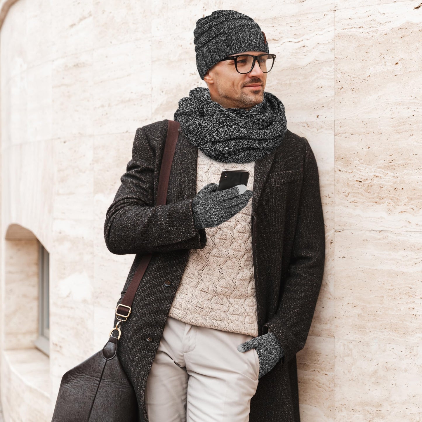 Aneco Winter Warm Sets Knitted Scarf Beanie Hat Touch Screen Gloves and Winter Ear Warmer Hats for Women or Men