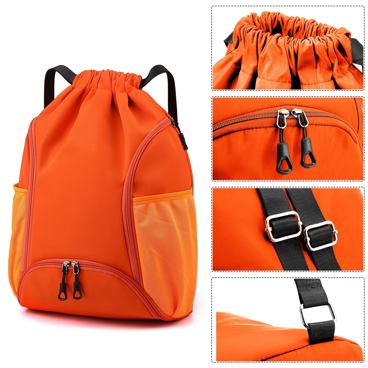 Valleycomfy Sports Gym Bag Drawstring Backpack with Shoes Basketball Bag and Two Water Bottle Holder,Drawstring Backpack for Beach, Pool and Travel,Orange