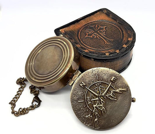 Antique Brass Compass with Detachable Chain & Carrying Case – Vintage Nautical Navigation Tool for Outdoor Hiking, Survival, and Travel – Gift for Collectors and Adventurers