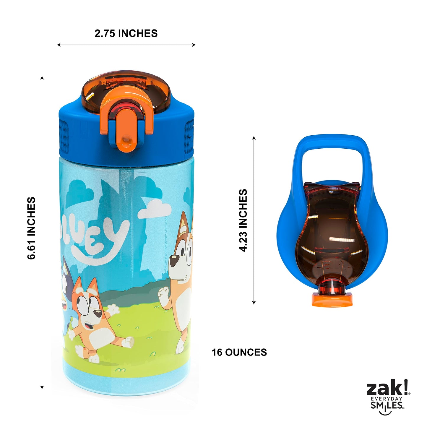 Zak Designs Bluey Kids Durable Plastic Spout Cover and Built-in Carrying Loop, Leak-Proof Water Design for Travel, (16oz, 2pc Set), Bluey Bottle 2pk