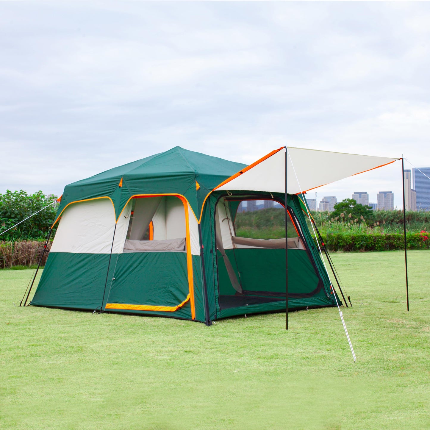 KTT Instant Tent 6-8 Person A,Large Family Cabin Tents,Automatic Tent Build Quickly in 60S,2 Rooms,2 Top Windows,3 Doors and 3 Windows with Mesh,Waterproof,Big Tents for Outdoor,Picnic,Camping(Green)