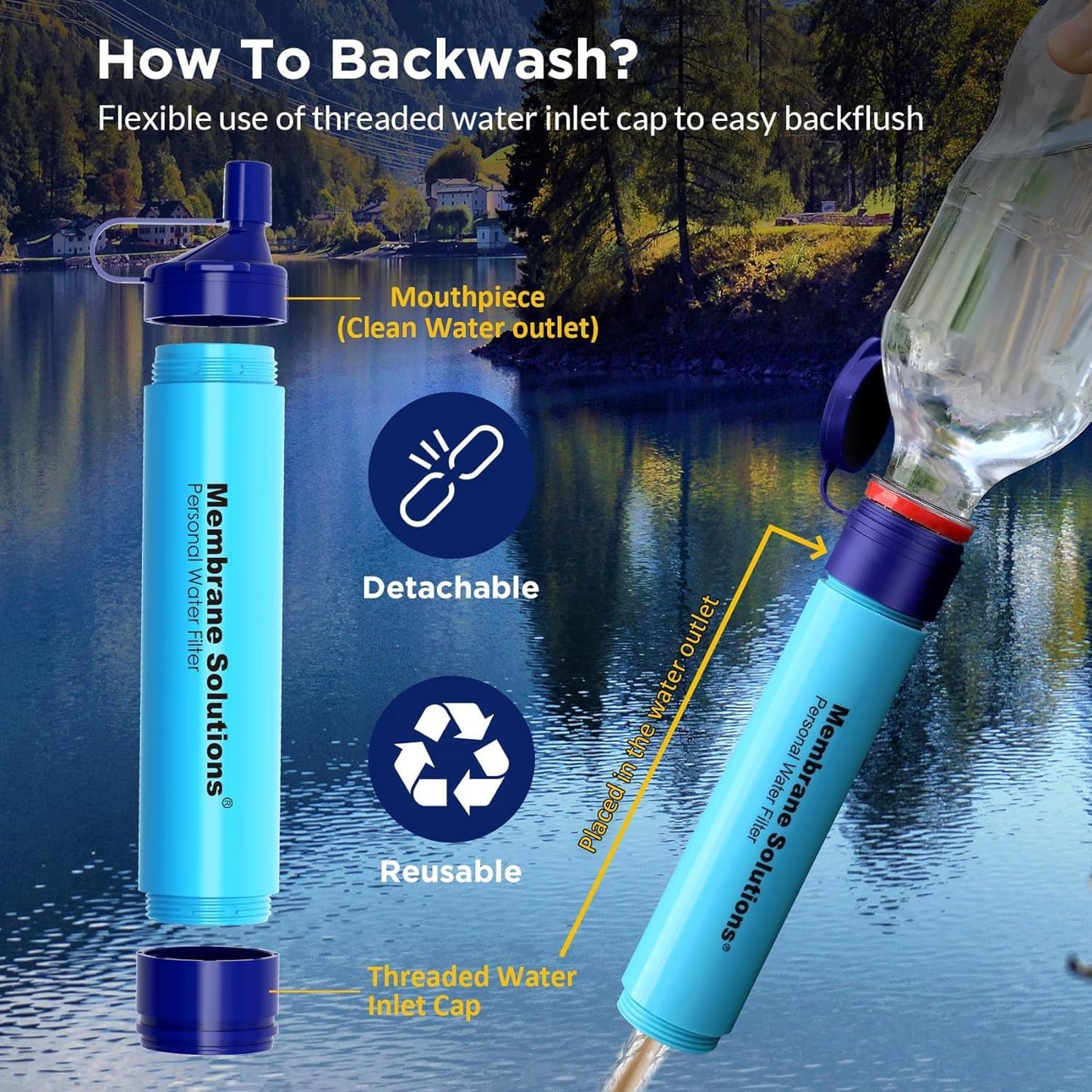 Membrane Solutions Straw Water Filter S1, NSF/ANSI 42&372&401 certificated, Survival Filtration Portable Gear, Emergency Preparedness, Supply for Drinking Hiking Camping Team Family Outing, 4 Pack
