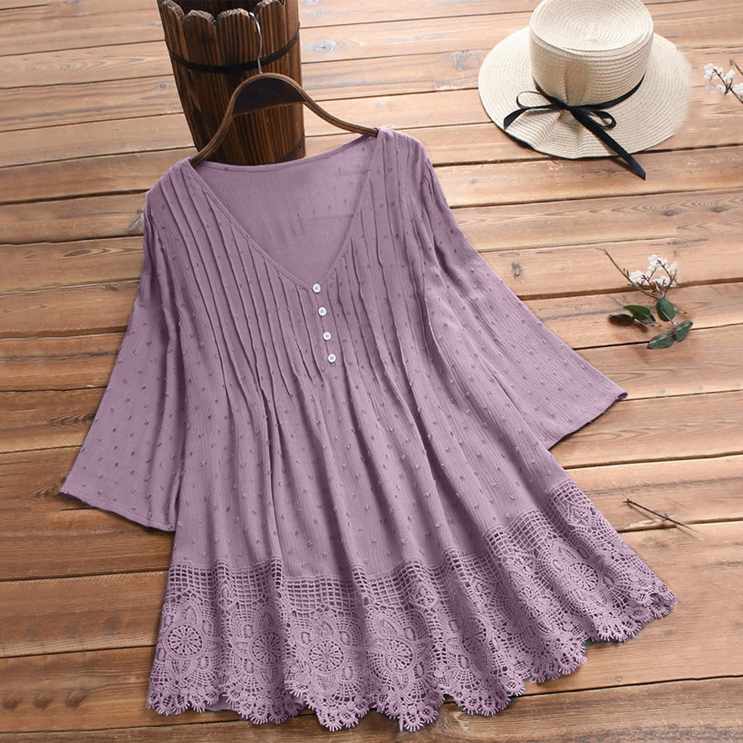 Aniywn Women Round Neck Lace Up Lace Patchwork Flare Pullover Top Casual Plus Size 3/4 Sleeve Floral Printed T-Shirt