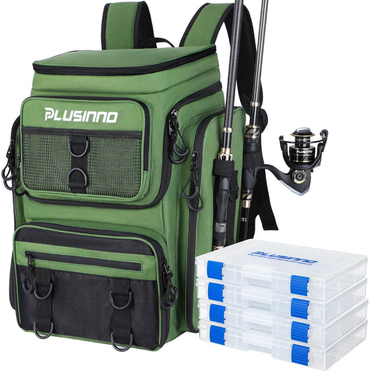 PLUSINNO Fishing Backpack with Rod Holders, 42L Water-resistant Fishing Tackle Bag With 4 Tackle Boxes,Fishing Gear For Camping, Hiking, Fishing Gifts for Men Green