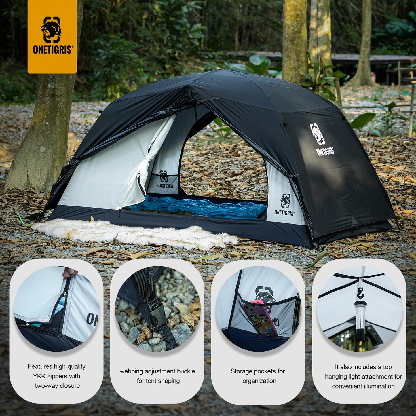 OneTigris Stella 4 Season Camping Tent Backpacking 2 Person Waterproof Lightweight Easy Setup Instant 3000mm Waterproof Rating Outdoor Hiking Tent, Black