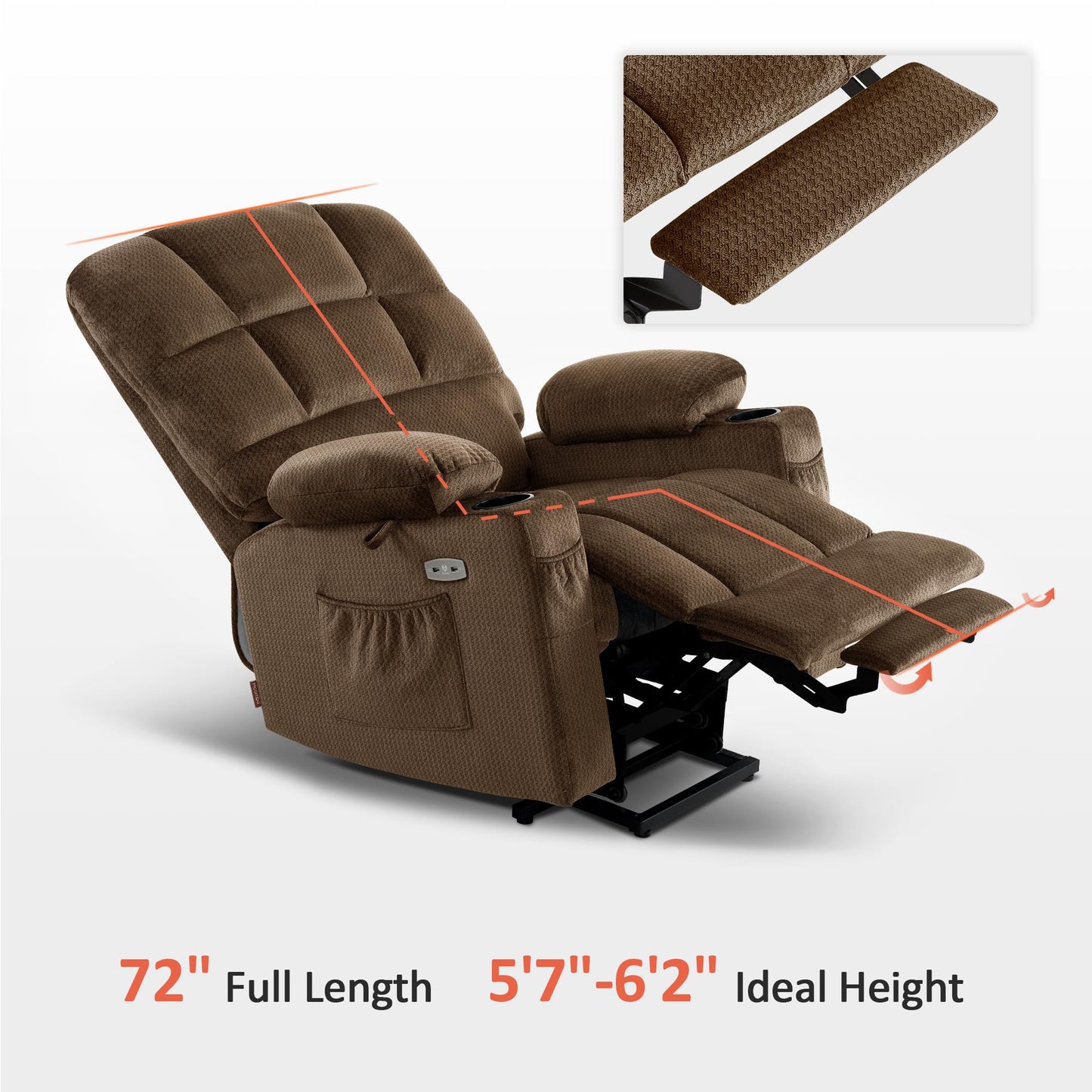 MCombo Large Dual Motor Power Lift Recliner Chair for Elderly, Massage and Heat, Lay Flat, Zero Gravity, Home Button, USB Port, Fabric 7680 (Large, Brown)