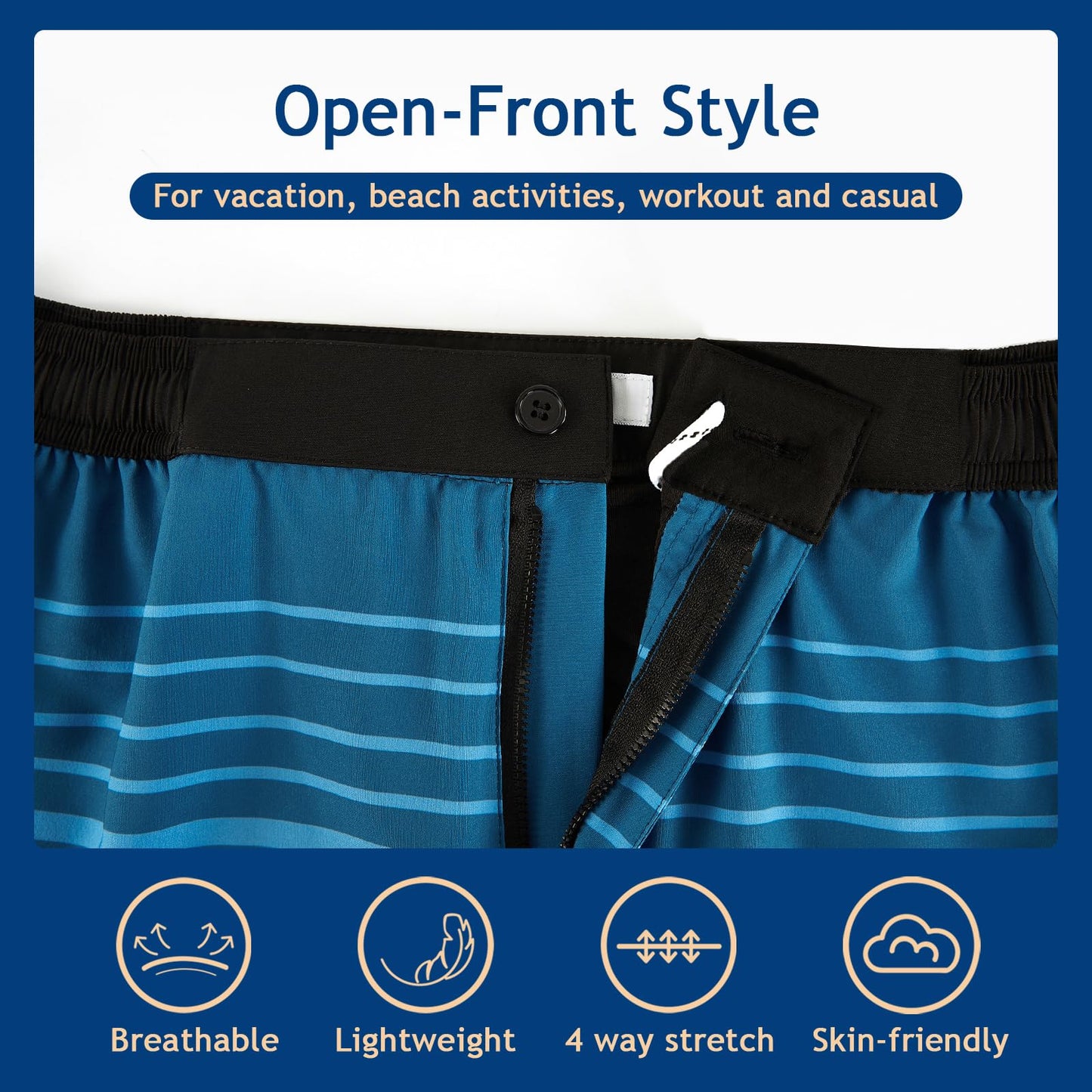 APTRO Men's Swim Trunks Quick Dry 7" Compression Liner Button Zipper Closure Board Shorts MJ06 Blue-Grey Stripe S