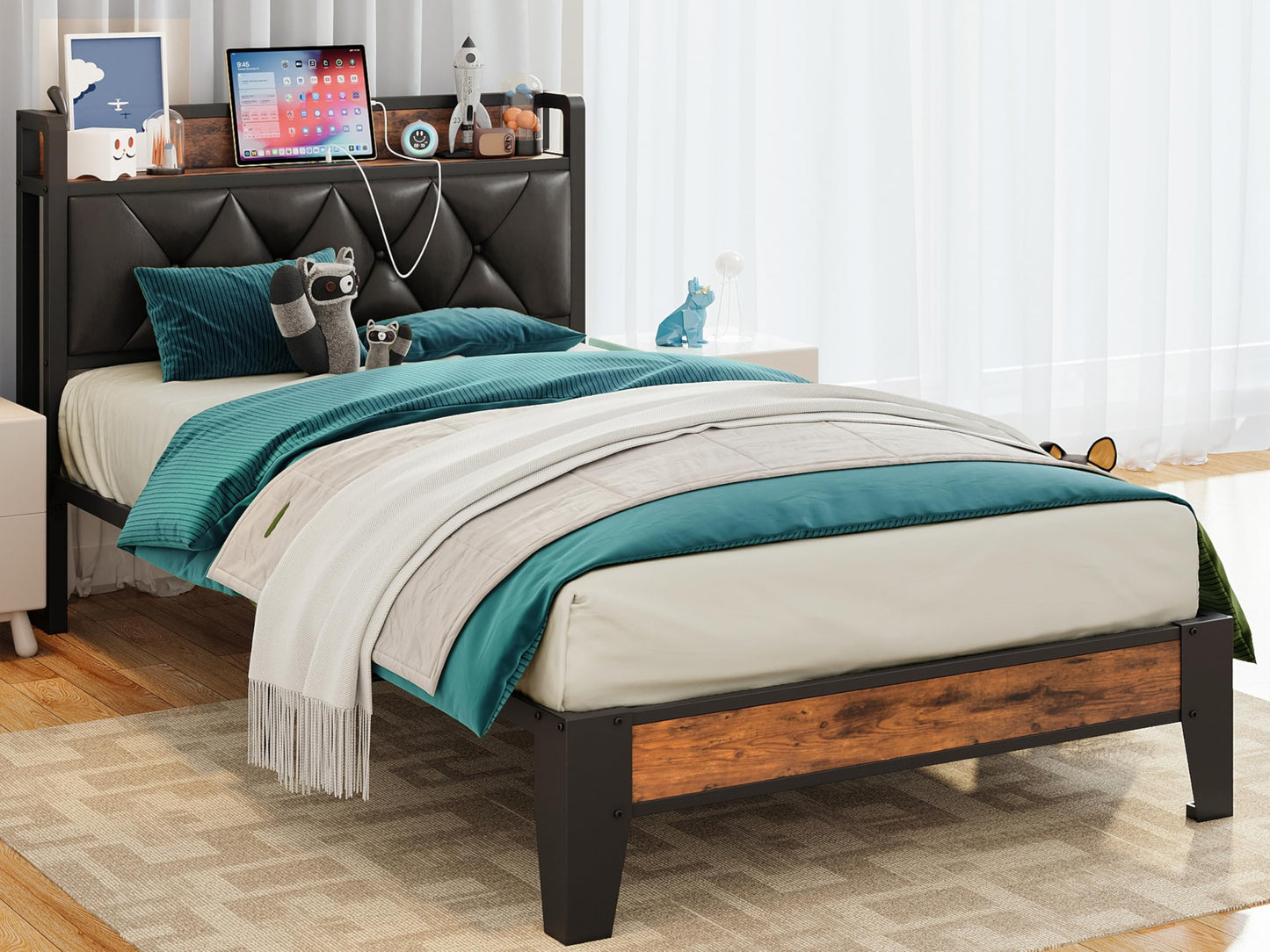 ANCTOR Twin Bed Frames, Storage Headboard with Outlets, Easy to Install, Sturdy and Stable, No Noise, No Box Springs Needed, Rustic Brown and Black