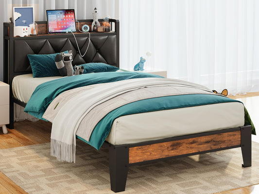 ANCTOR Twin Bed Frames, Storage Headboard with Outlets, Easy to Install, Sturdy and Stable, No Noise, No Box Springs Needed, Rustic Brown and Black
