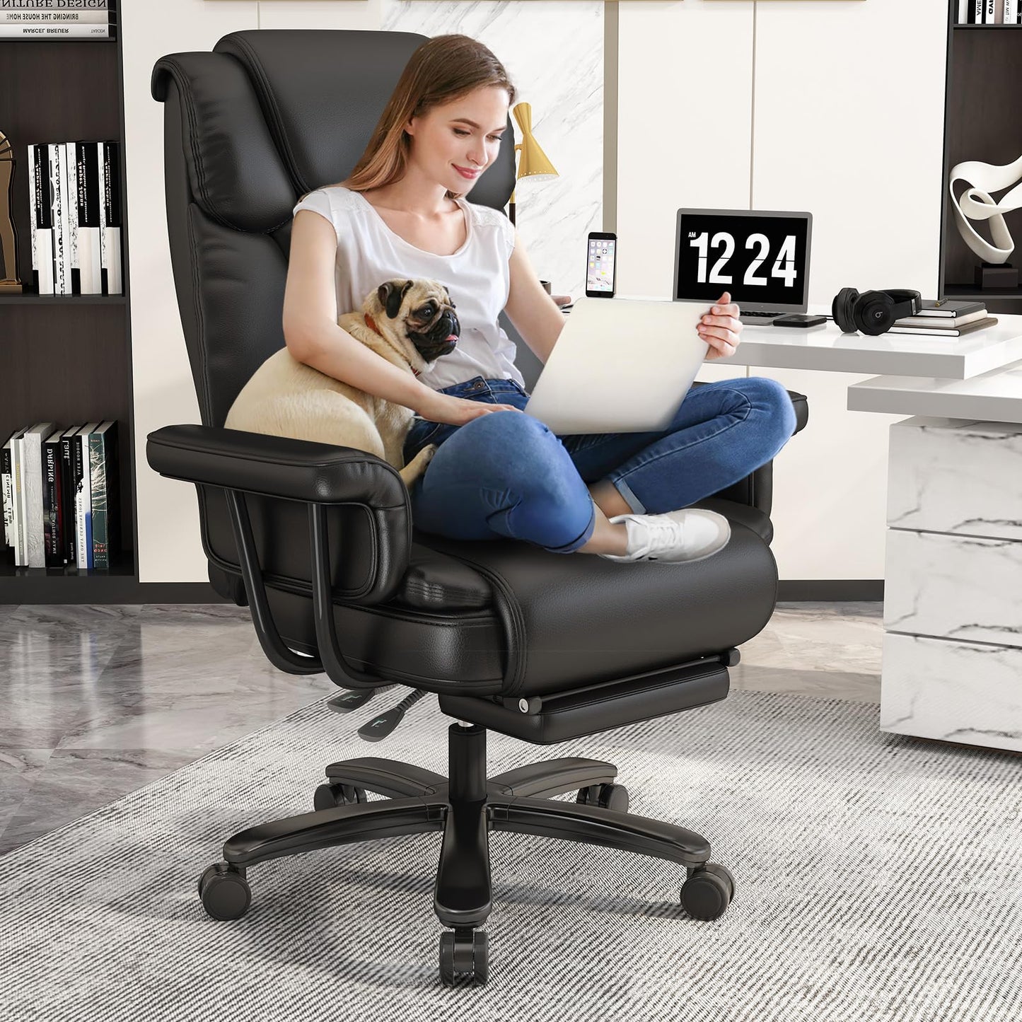 GYI Big and Tall Office Chair 400LBS, 160° High Back Reclining Office Desk Chair with Wide Seat, Arms, Footrest, Black