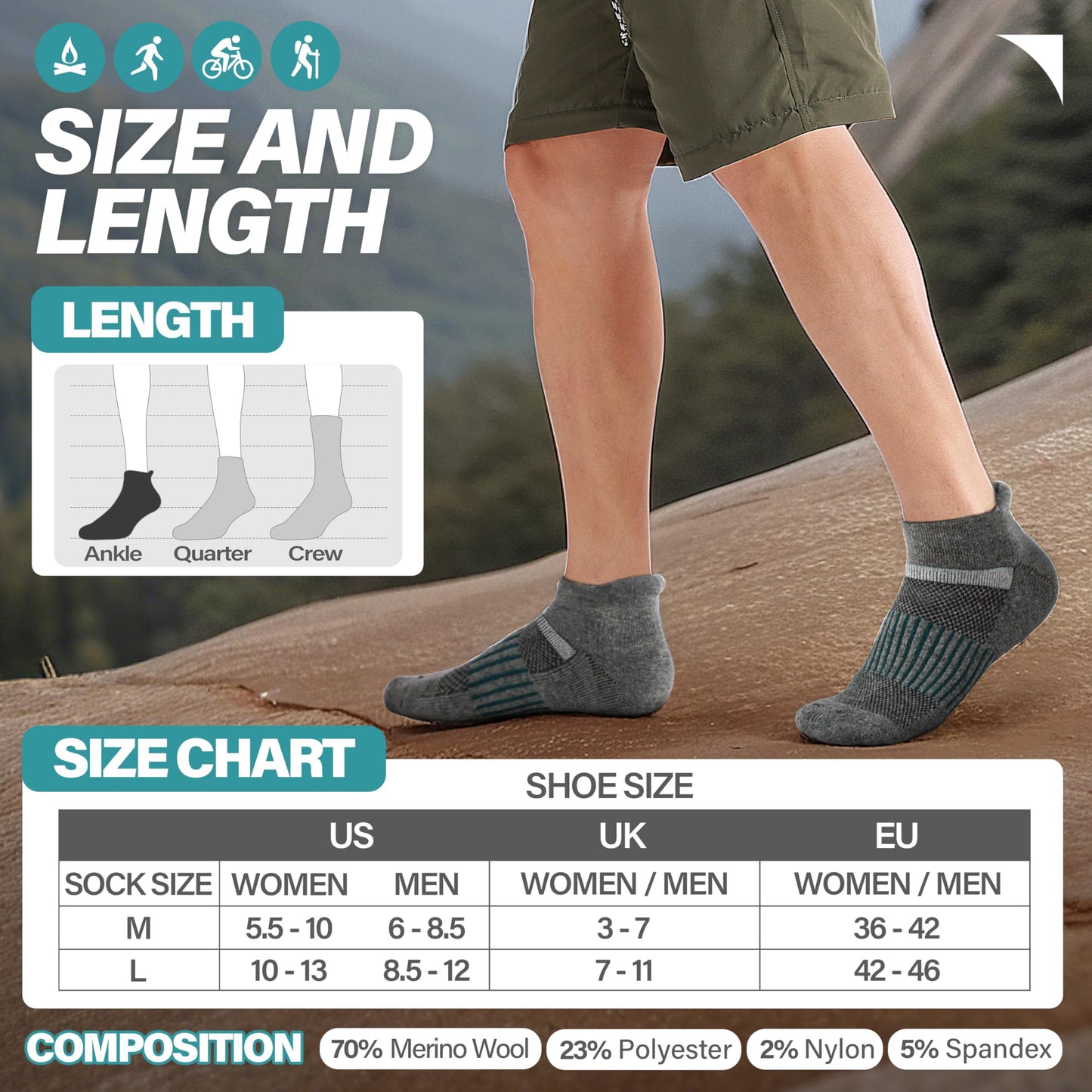 Anlisim Merino Wool Quarter Hiking Socks Compression Warm Thermal Winter Thick Cushion Running Moisture Wicking No Show Socks Gifts Stocking Stuffers for Women Men 6 Pairs(Grey,L)