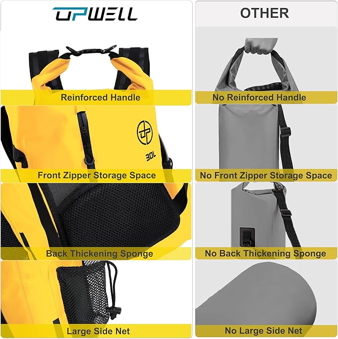 UPWELL 30L Waterproof Dry Bag Boating Backpack for Travel Hiking Camping Kayaking Hiking Swimming Floating Submersible Dry Bag yellow