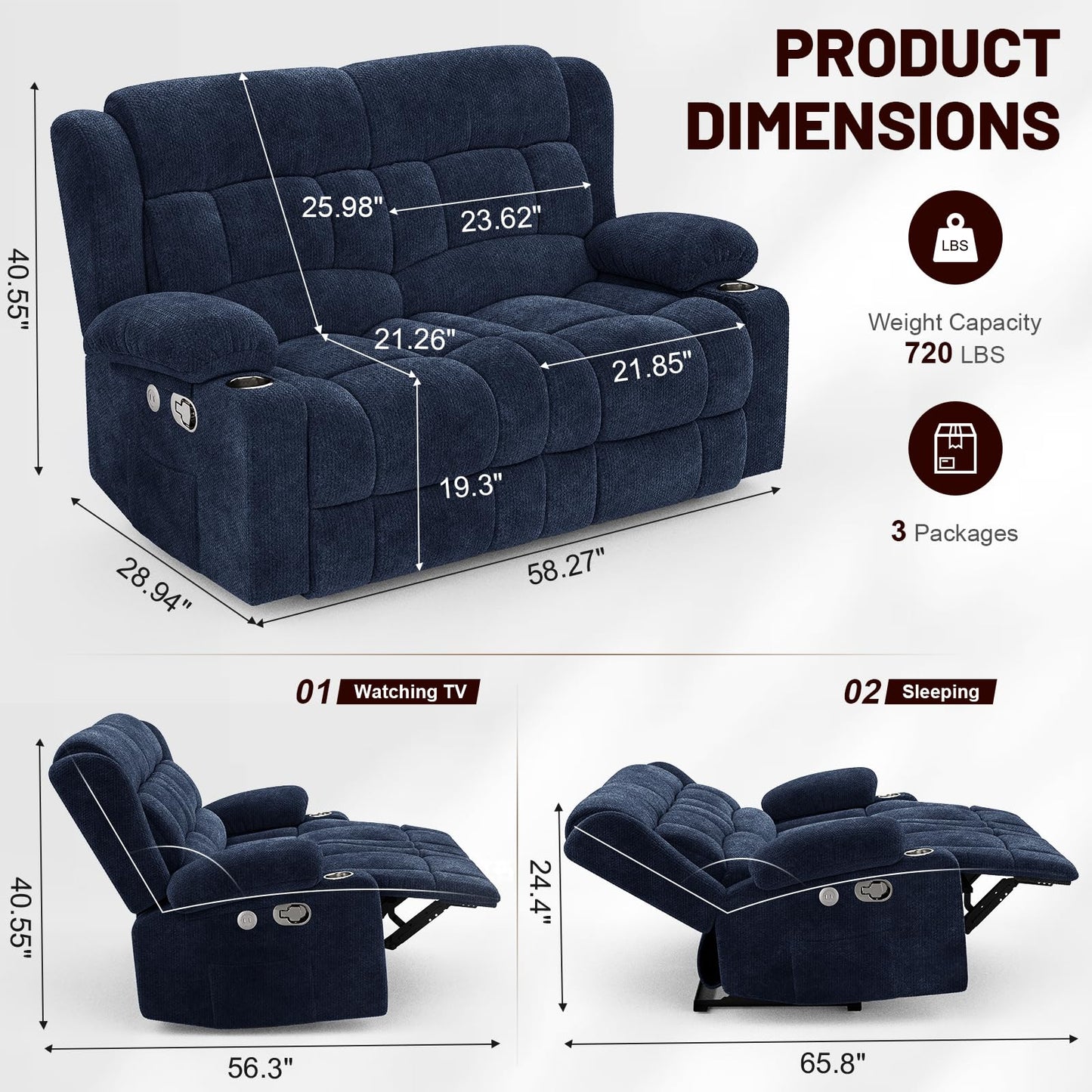 IROSTAE Loveseat Recliner Sofa, 2 Seater Minimalist Style Fabric Manual Pull Tab Reclining Loveseat with USB Charge Ports, Cup Holders, Recliner Love Seat Couches for Living Room, RV, Blue