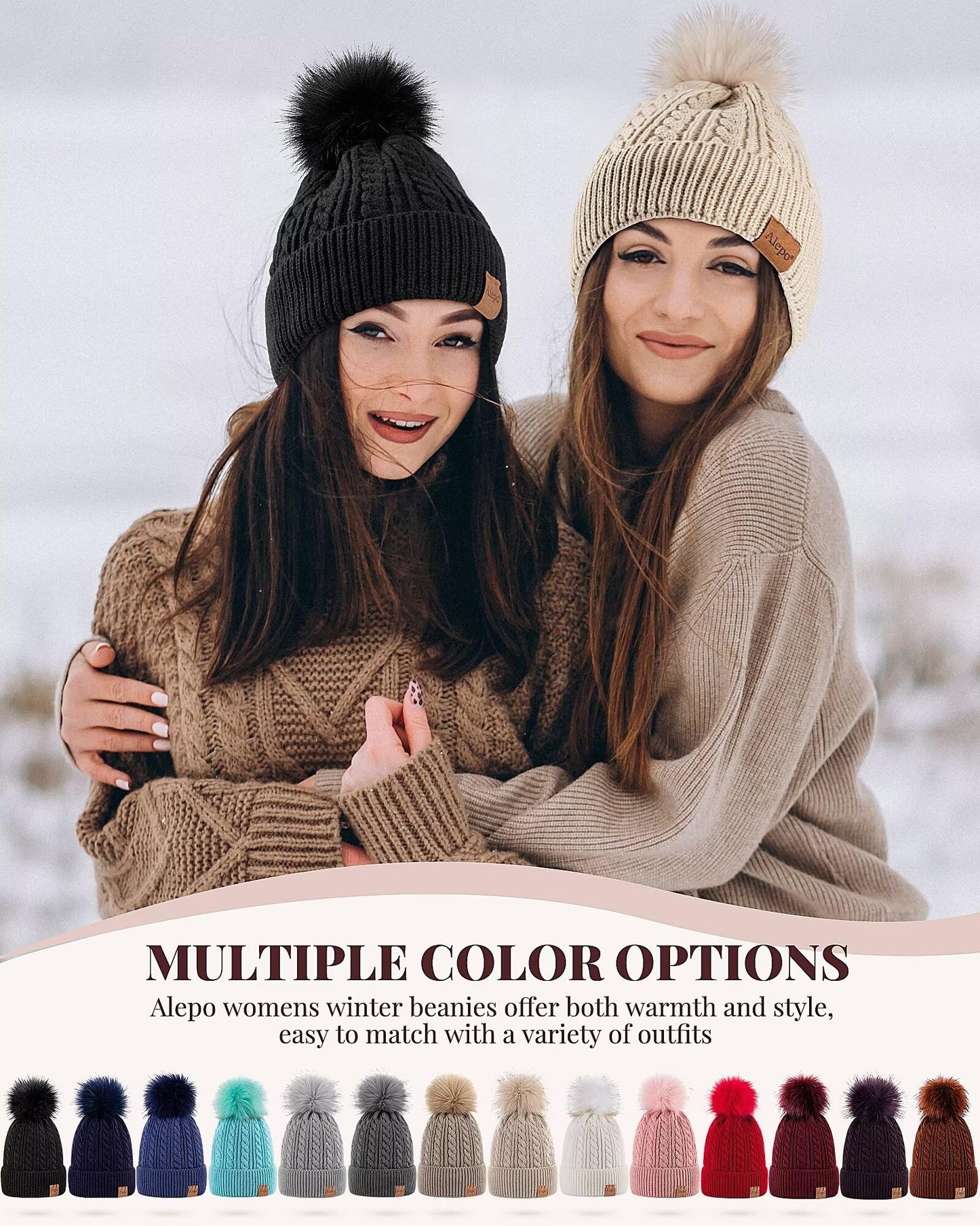 Alepo Womens Winter Beanie Hat, Warm Fleece Lined Knitted Soft Ski Cuff Cap with Pom Pom (Black+White)