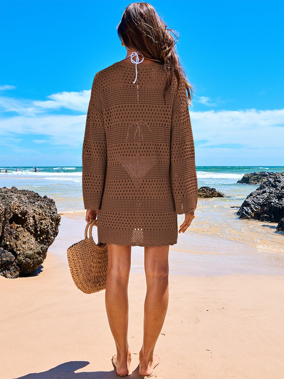 ANRABESS Women Swimsuit Crochet Swim Cover Up 2024 Summer Bathing Suit Swimwear Mesh Knit Beach Dress Vacation Outfits Brown Small