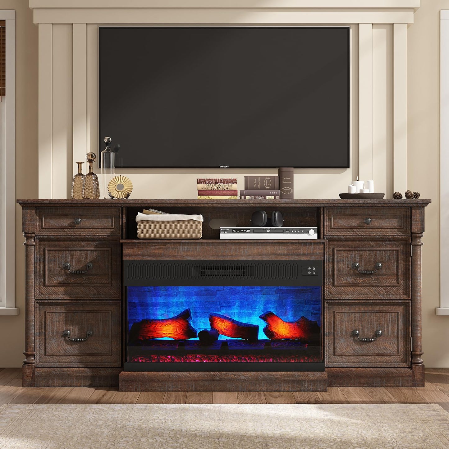 AMERLIFE 75" Fireplace TV Stand, Large TV Stand with 36" Fireplace, Farmhouse Entertainment Center with Solid Wood Roman Column, 2 Drawers & Cabinets Storage, for TVs up to 85", Reclaimed Barnwood