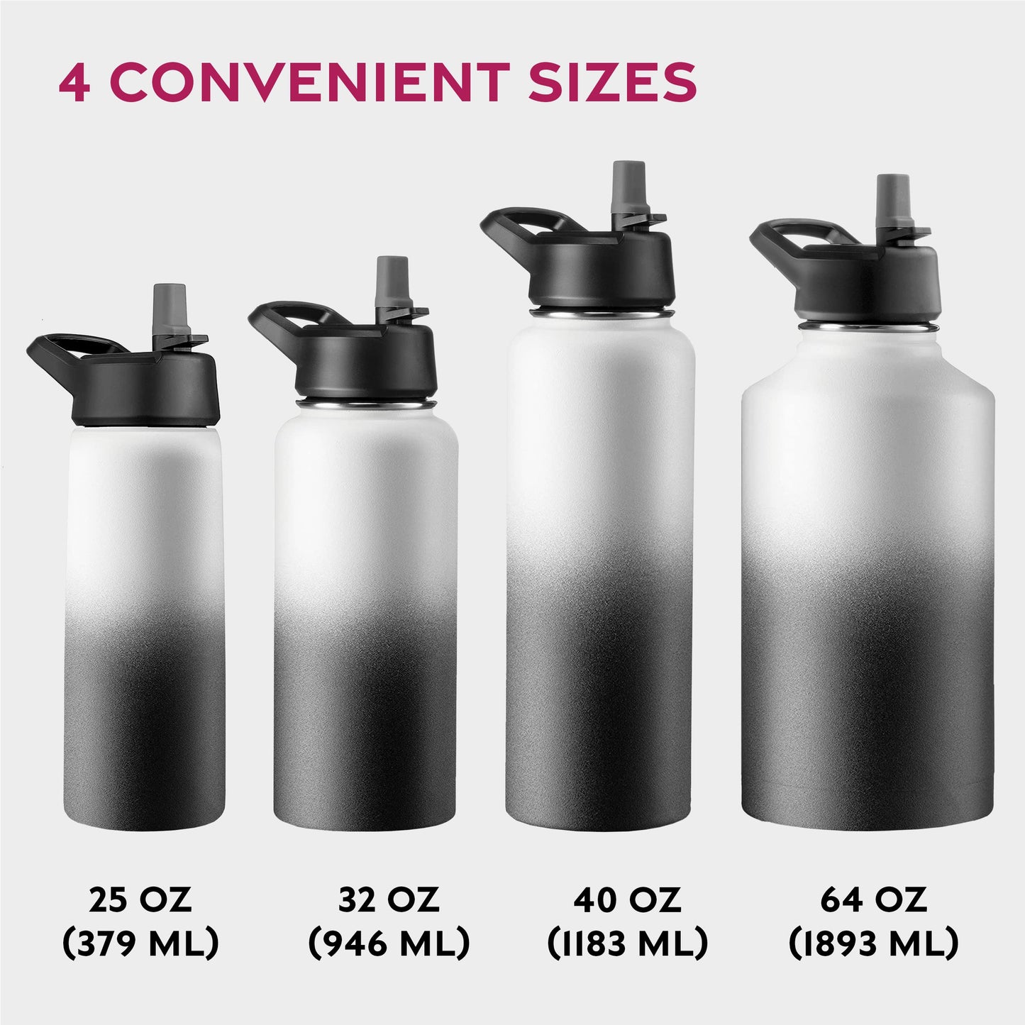 FineDine Triple Walled, Insulated Water Bottles with Straw - 40 Oz Stainless Steel Metal Bottle W/ 3 Leak Proof Lids - For Travel, School, Sports, Gym / Men, Women & Kids - Dreamy Black-White